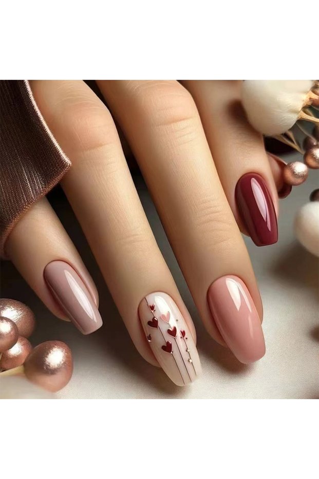 XY-587 A full set of 24 long coffin-shaped fake nails with solid color fake nails and a heart design