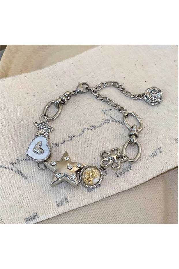 Sliver Star Girl Y2K Fritillaria Heart Flower Chain Bracelets On Hand for Women Vintage Fairy Love D