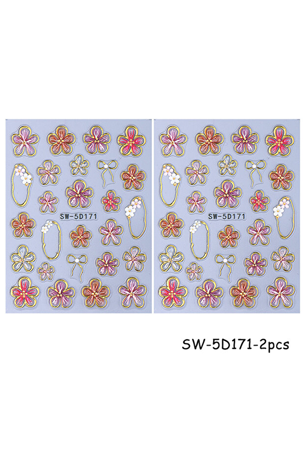 SW-5D171-2pcs 5D Crystal Lily Embossed Nail Sticker Colorful Petal Gold Line Frame Bow Heart Slider