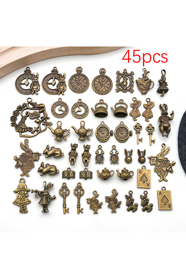 M76-45pcs 44/45pcs Antique Silver Bronze Tone Alice in Wonderland Charm Tales Tea Party Steampunk Sk
