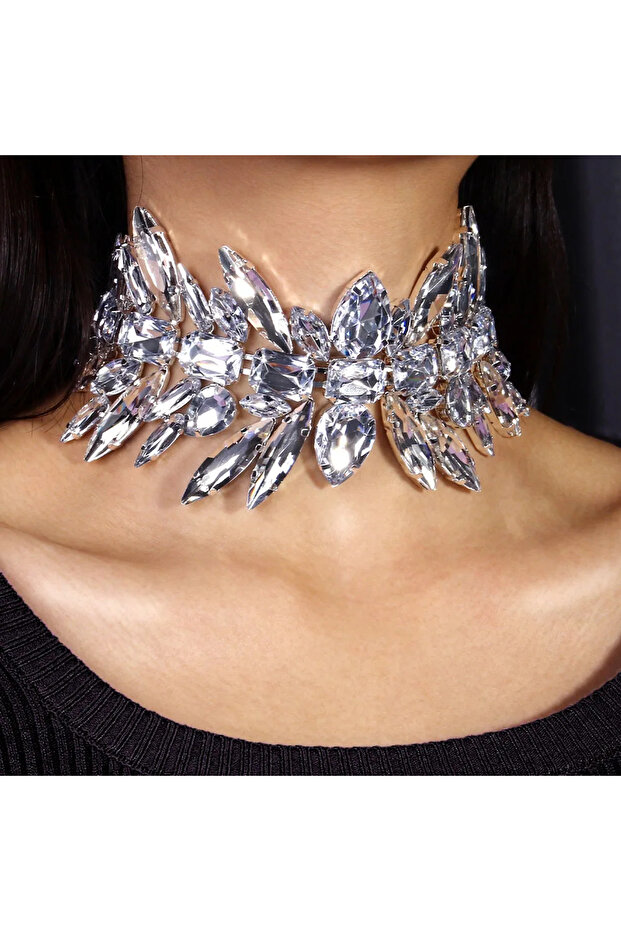 Silver Plated Stonefans Vintage Statement Geometric Choker Necklace Crystal Collar Fashion Statement
