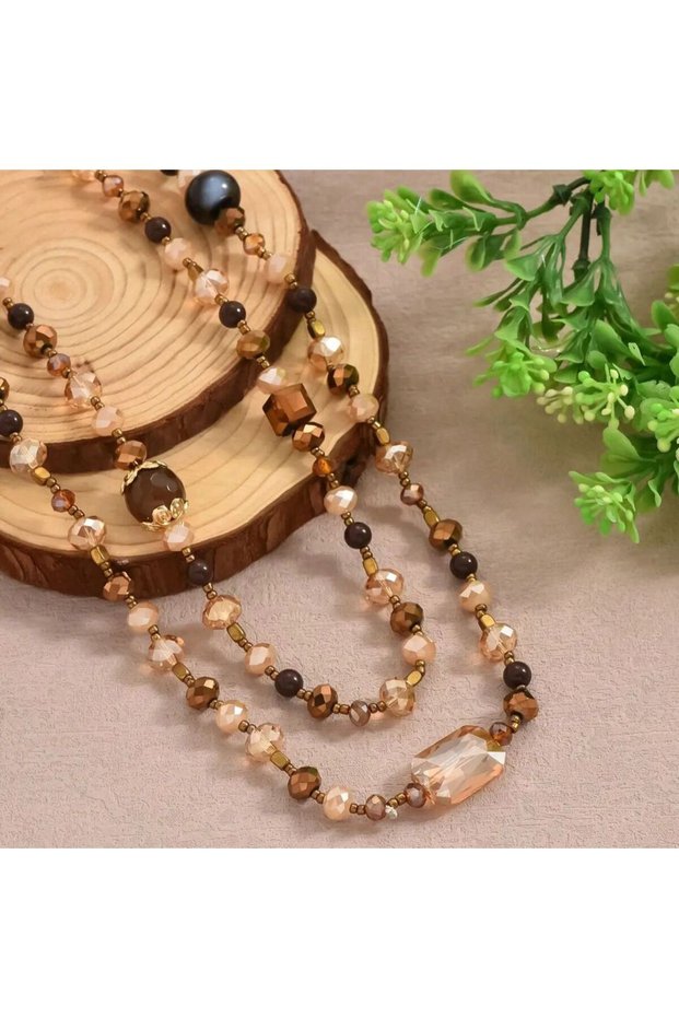 70cm MULTI 1pc Vintage Trendy Pearl Crystal Long Necklace With Khaki Mixed Colors-Double Layer,For W