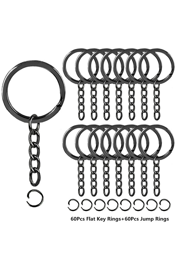 60 Sets Black 60 Sets Flat Key Chain Rings Bulk Metal Key Ring with Chain Jump Rings for Keychain Ho