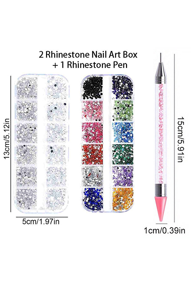 Mix 3pc Kit 3 Rhinestone Nail Art Box Colorful Silver Stones + Rhinestone Pen