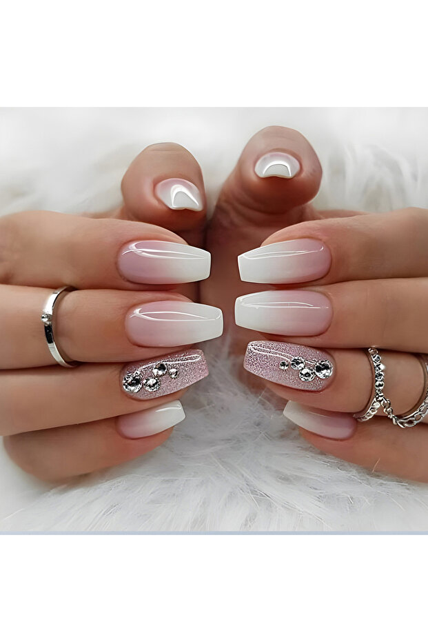 Pink 24Pcs Glossy Short Ballerina Press On Nails Pink Glitter Style False Nails With Rhinestone Shin