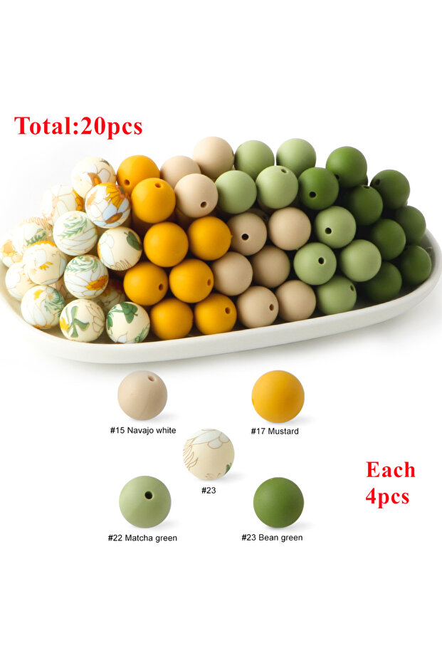 La24-07 20Pcs/Set 15MM Round Silicone Beads Mix Printed Beads Kits For Jewelry Making DIY KeyChain P