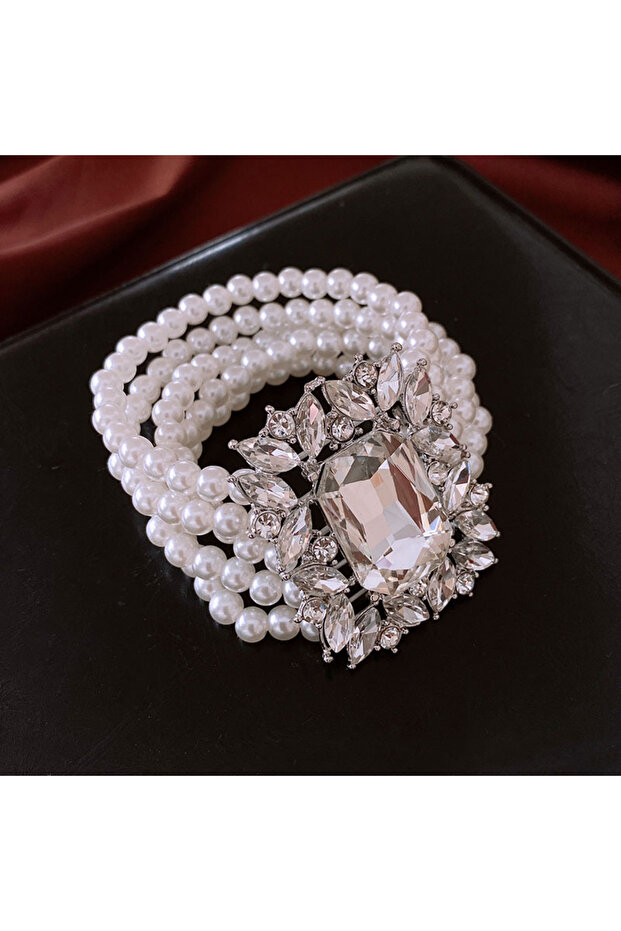 Rhinestone Bracelet Shiny Big Square Zircon Bracelets Elegant Imitation Pearl Multi-layer Chain Brac
