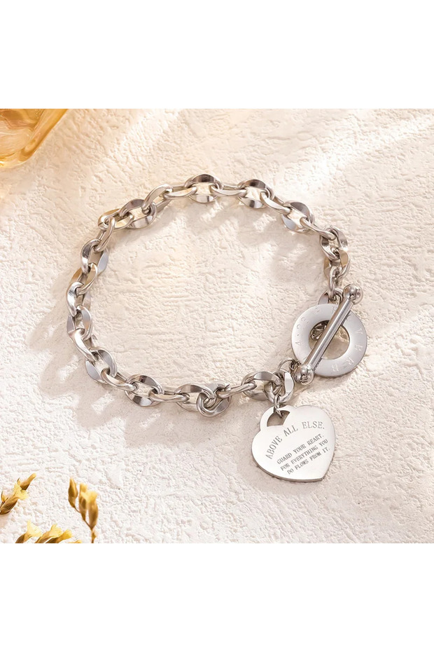 Steel color Heart Charm Link Chain with OT Toggle Clasp – Elegant Stainless Steel for Women Bracelet