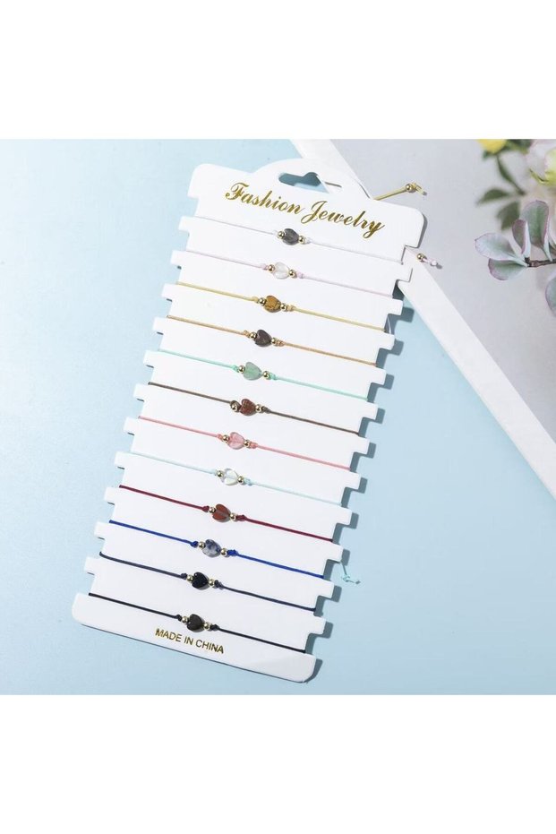 Heart 12-piece Set of Simple Heart-shaped Natural Stone Woven Adjustable Women's Bracelet