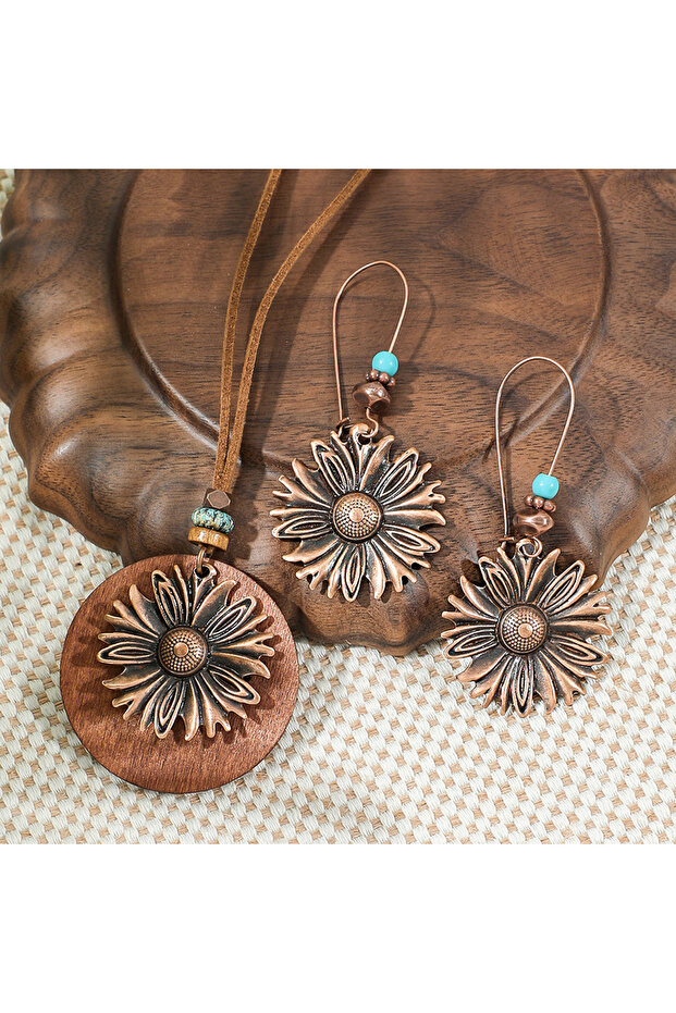 X25091509 Boho Vintage Jewelry Set Pendant Necklace Long Sweater Chain Dangle Earrings Leaves Elemen