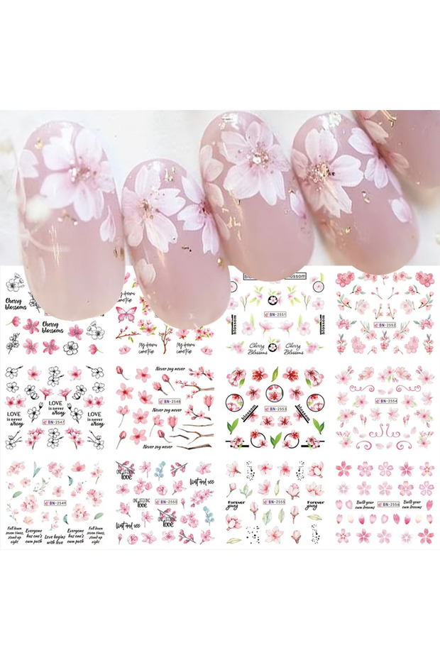 BN2545-2556 12 Design Sakura Flower Nail Water Stickers Pink Cherry Blossoms Nail Slider Decal Flora