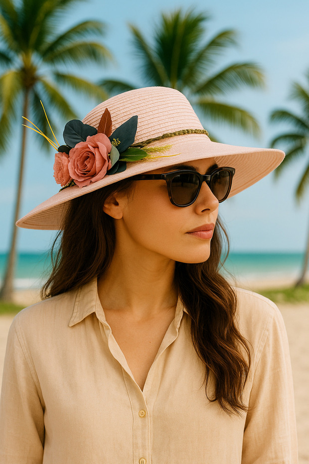 Women's Straw Hat with Floral Accessories Pink