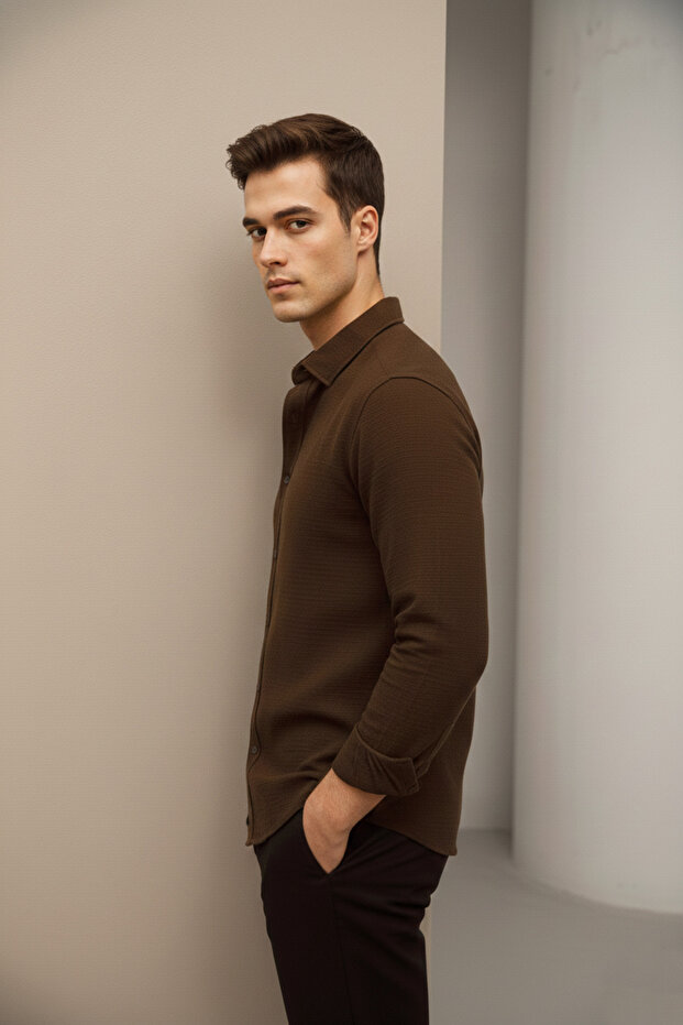 Brown Oversize Textured Shirt - 6