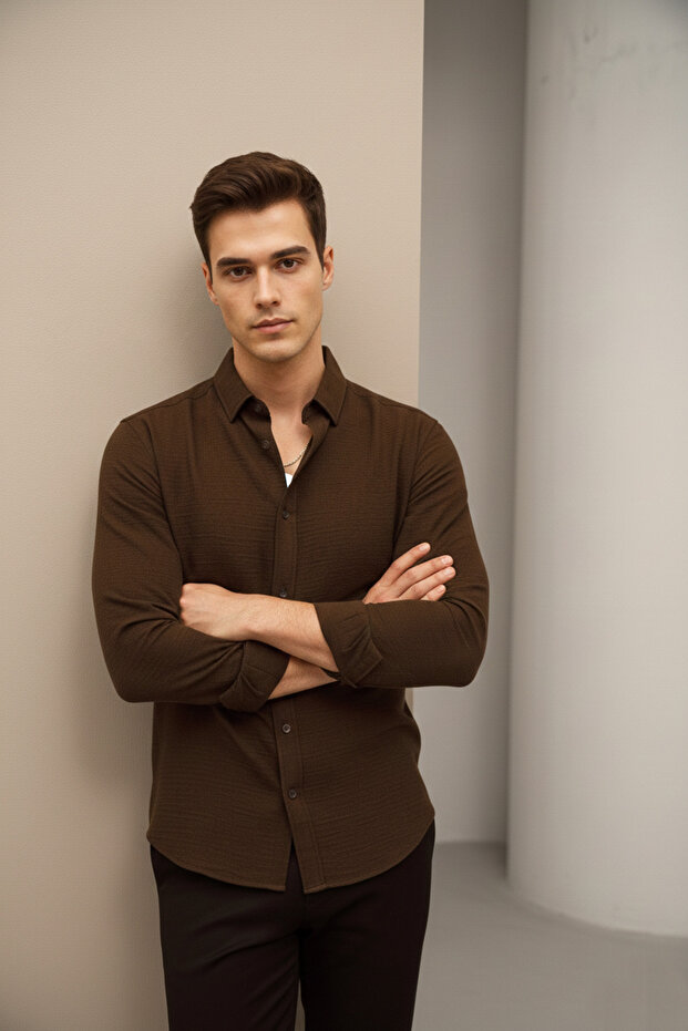 Brown Oversize Textured Shirt - 4