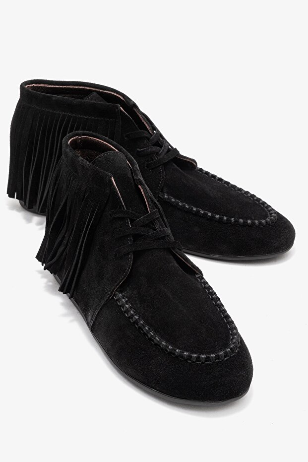 Raux Black Suede Genuine Leather Fringed Women's Ankle Boots