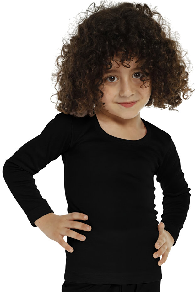 Boy's Black Long Sleeve Thermal Top Underwear Cotton Elastane Sh Fleece-Lined 6390