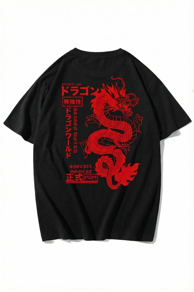 Unisex Oversized Red Printed Black Dragon World T-Shirt Black