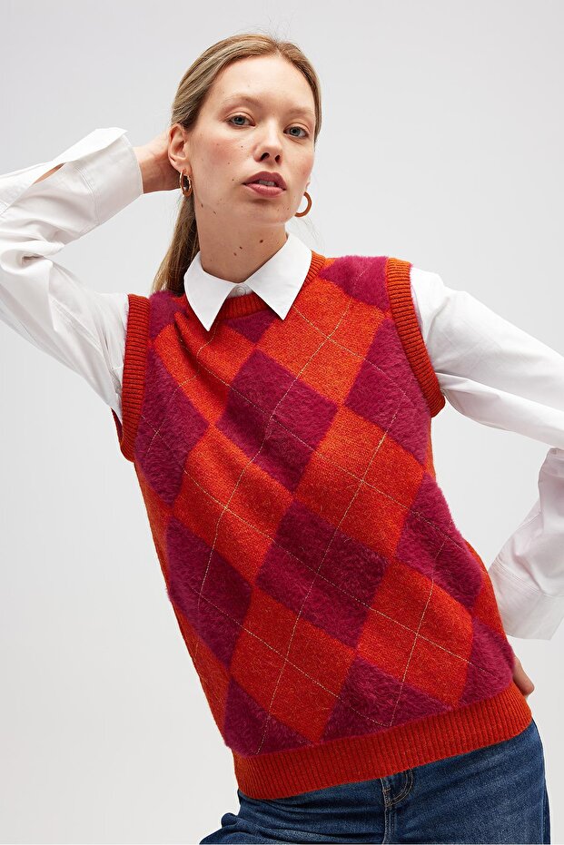 Baklavalı Kadın Triko - Turuncu Multi - 2