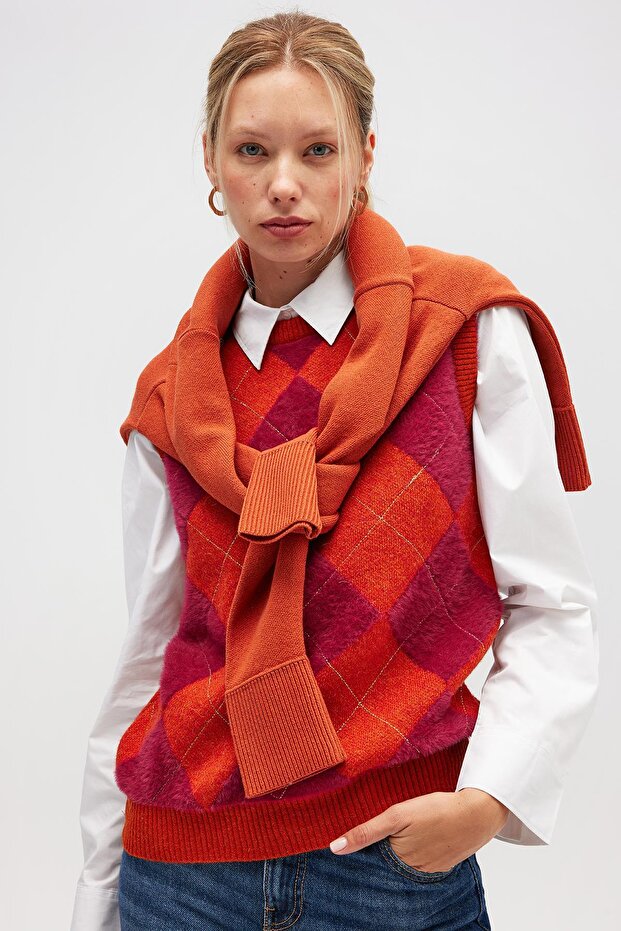 Baklavalı Kadın Triko - Turuncu Multi - 5