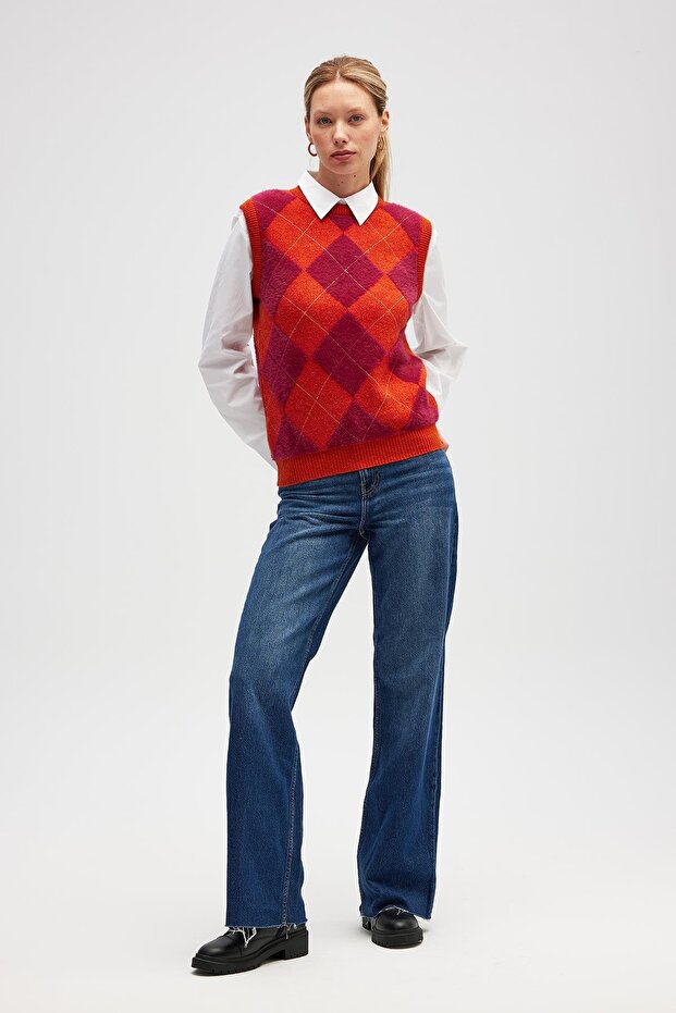 Baklavalı Kadın Triko - Turuncu Multi - 4