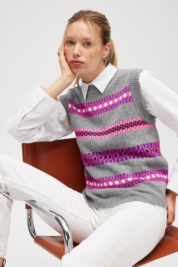 Simone Kadın Jakarlı Triko - Gri Melanj Multi - 3