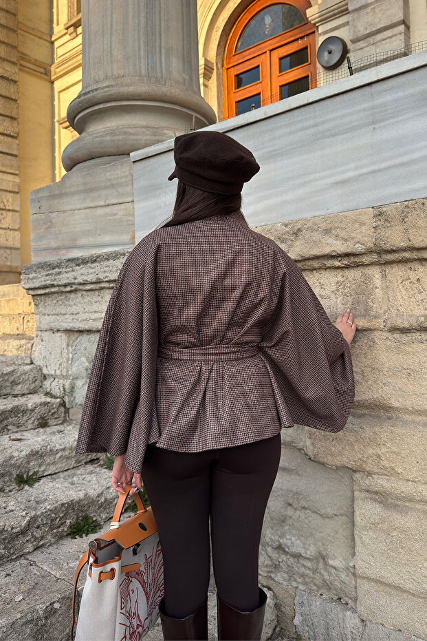 Houndstooth Pattern Poncho - Brown - 4