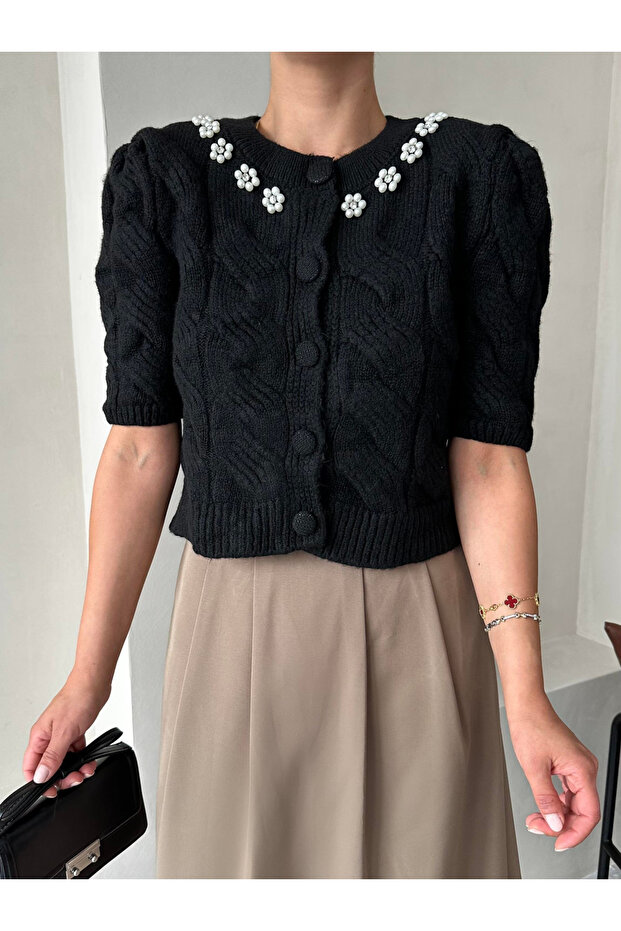 Black Collar Flower Beaded Cardigan - 4541