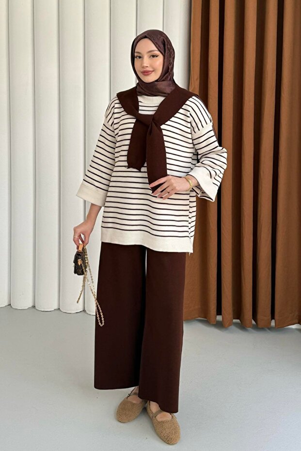 Striped Shoulder Scarf Tunic and Trouser Knitwear Two-Piece Set 4011 - Brown