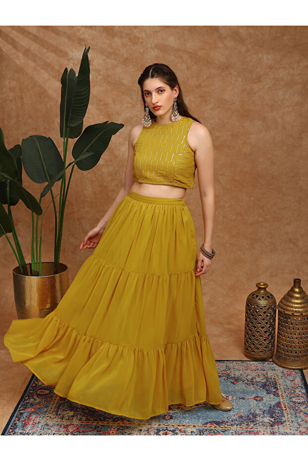 Women Sequined Georgette Crop Top and Tiered Skirt Fusion Co-Ords