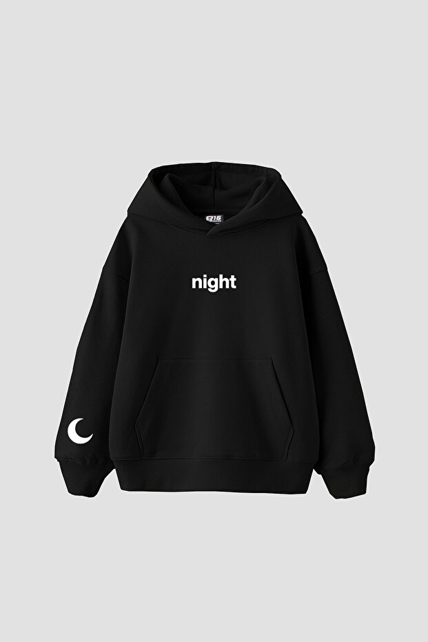 Day Night Printed Oversized Unisex Black Hoodie