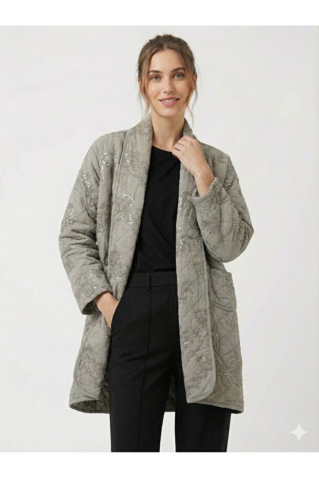 Women's Mink Italian Ethnic Pattern Sequin Embroidered Ov Oversized Apitone Long Kimono & Kaftan