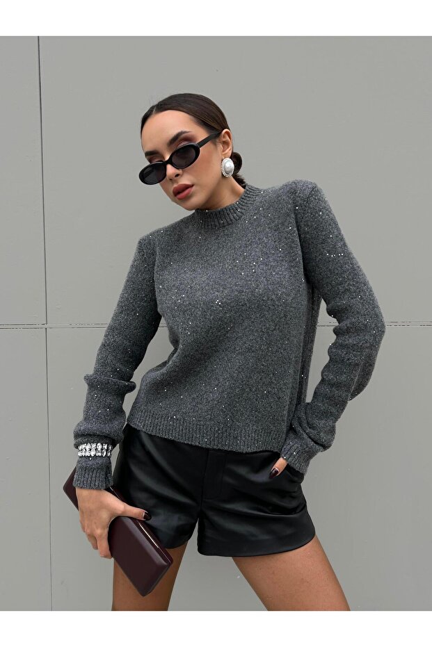 Women's Anthracite Knitwear Sequined Glitter Crew Neck Sweater 5591