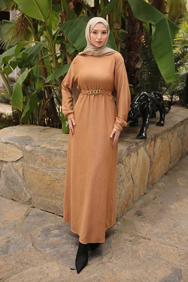Mink Chain Belted Corded Fabric Long Dress