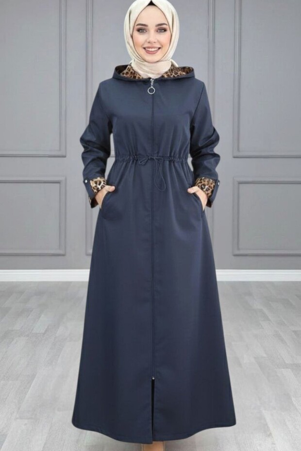 Jade Trench Jeans Bondit Fabric Women's Navy Blue Hooded Trench with Leopard Pattern Lining and Waist Tie