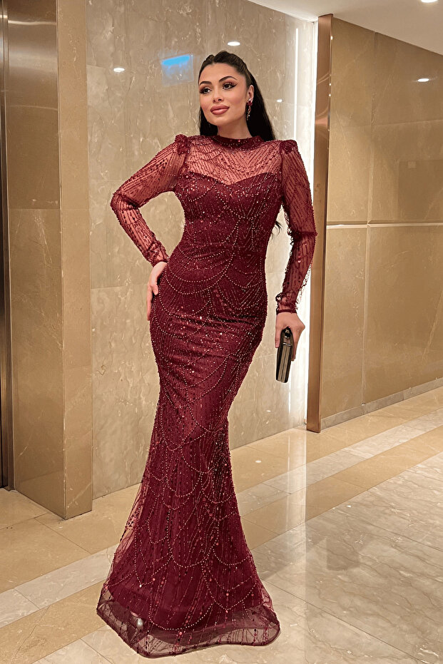 Full Beaded Fabric Fish Evening Dress - Bordo
