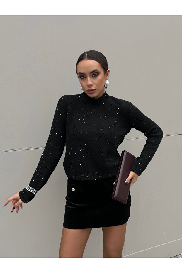 Women's Black Knitwear Sequin Glitter Crew Neck Sweater 5591