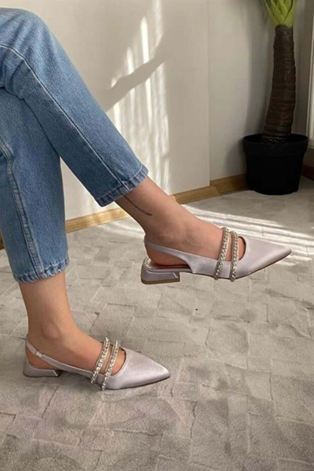 Women's Linda Silver Satin Two Rows of Stones Open Back 2 cm Heeled Pointed Toe Ballerinas