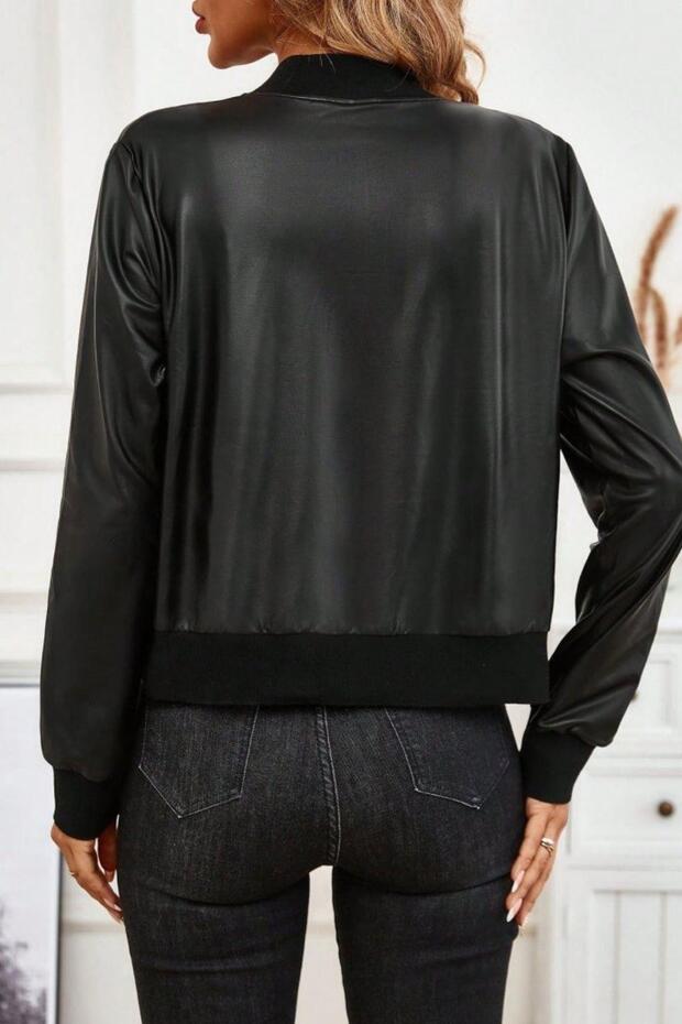 Zippered Leather Bomber Jacket - Black - 3