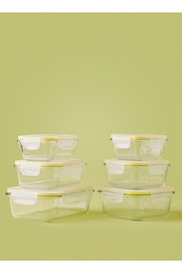 6 Piece Borosilicate Glass Food Container Set - Airtight Lids - Rectangle + Square - Yellow