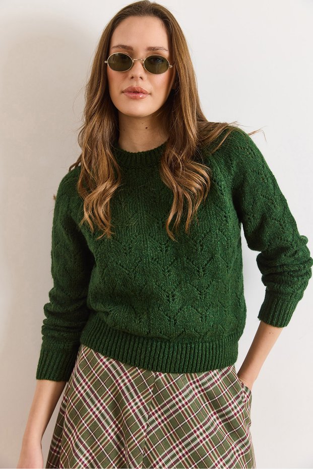 Women's Emerald Green Lace-Like Knit Soft Textured Knitwear Sweater Kzk-19001053