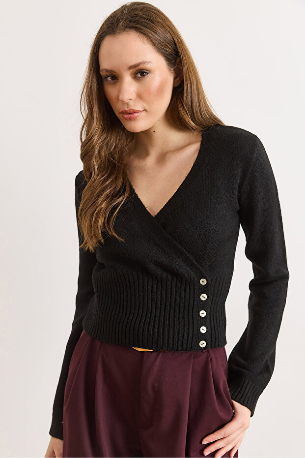 Women's Black Button Detailed Double-Breasted Knitwear Sweater Kzk-19001092