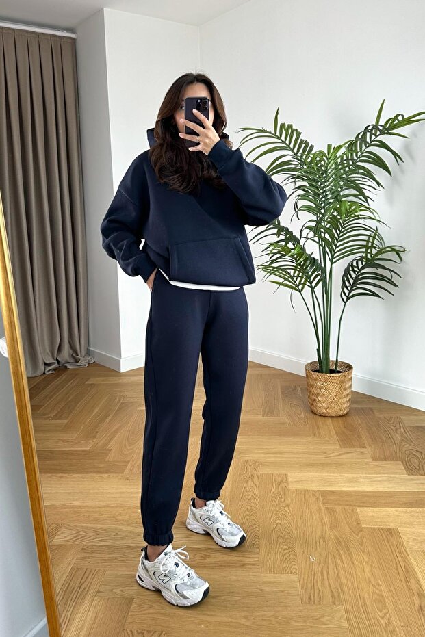 Women's 3-Thread Fleece-Lined Loose Oversized Basic Tracksuit Set