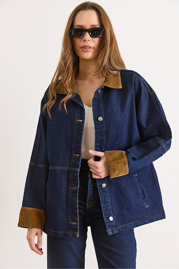 Women's Navy Blue Collar Cuff Velvet Detailed Oversized Denim Jacket Ckt-19000502