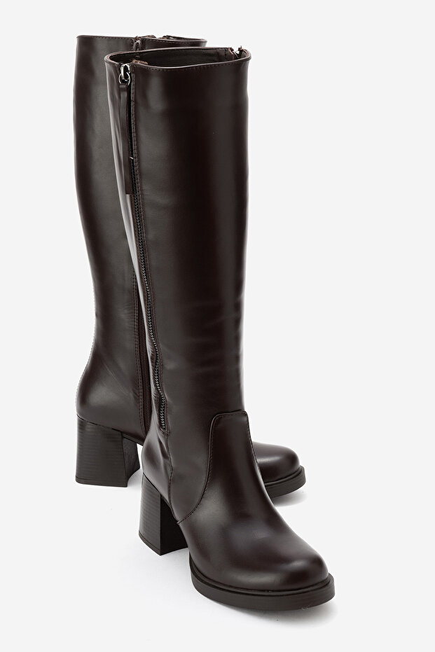 Lensa Brown Skin Genuine Leather Zippered Women's Thick Heeled Boots