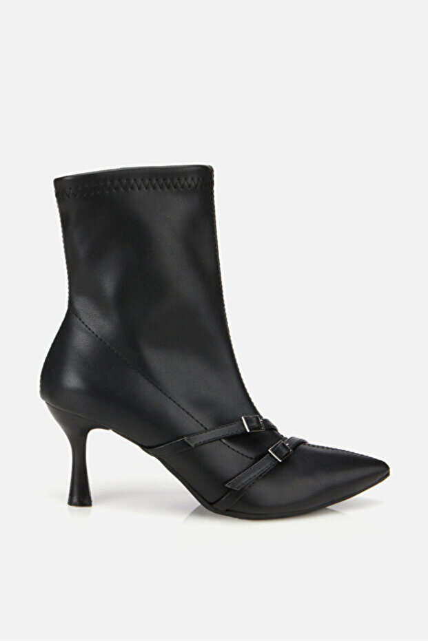 312407 Women's Black Stretch Thin Heeled Buckle Boots
