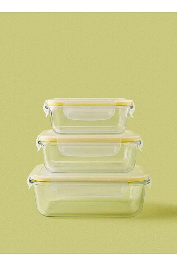 3 Piece Borosilicate Glass Food Container Set - Airtight Lids - Lunch Box - Rectangle - Yellow