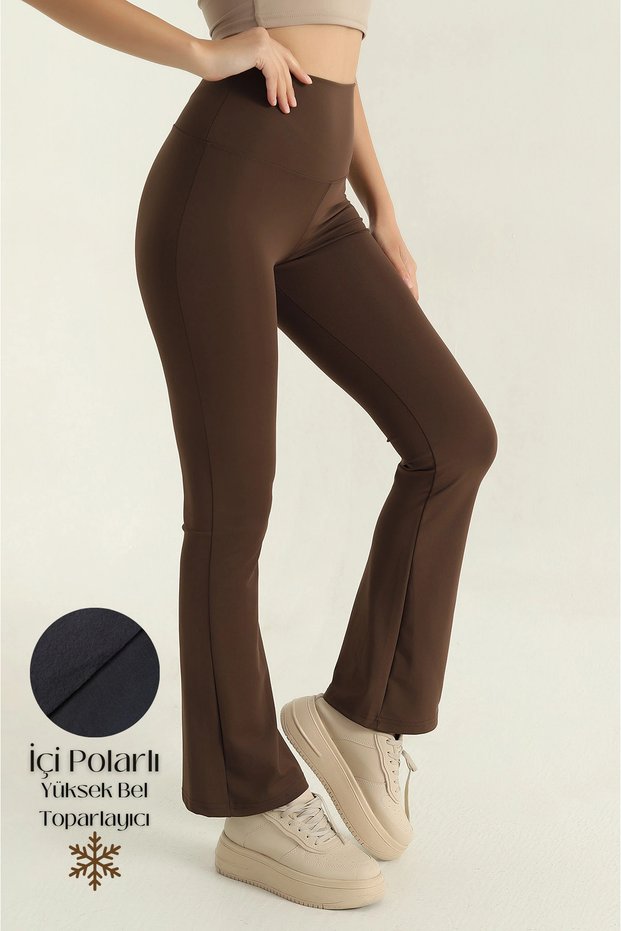 Premium Fleece Inside, Fleece-Lined ,Diver, Flared t Shaping / Sculpting Winter Knitted Leggings Pantalon Brown