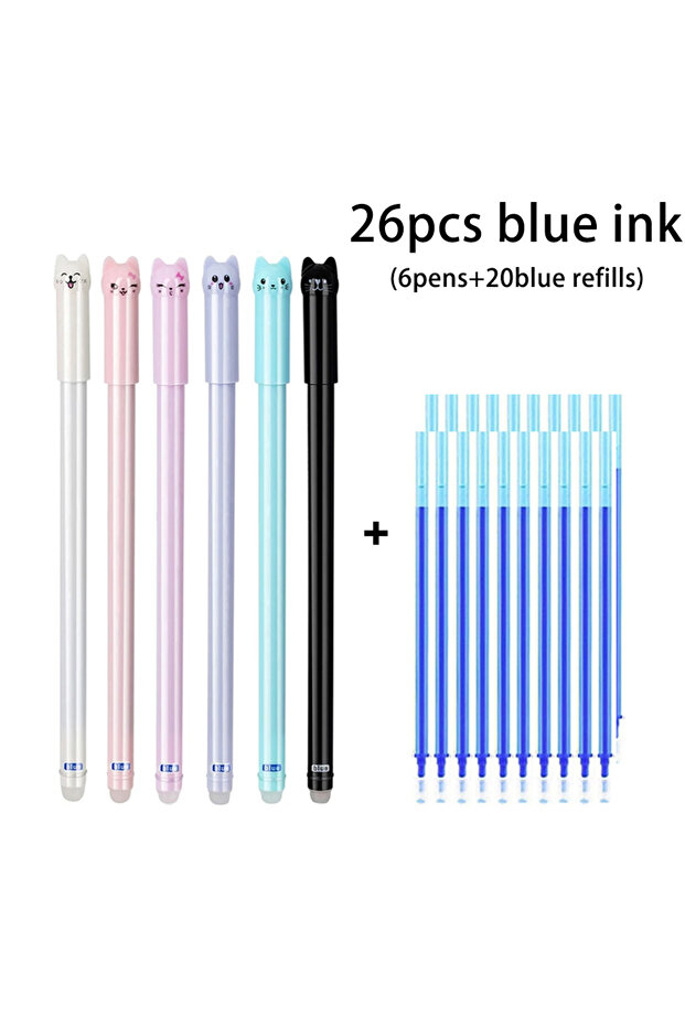 26pcs blue ink 26Pcs/Set New Creative Cat Erasable Gel Pens Set 0.5mm Blue/Black Refills Rod Washabl