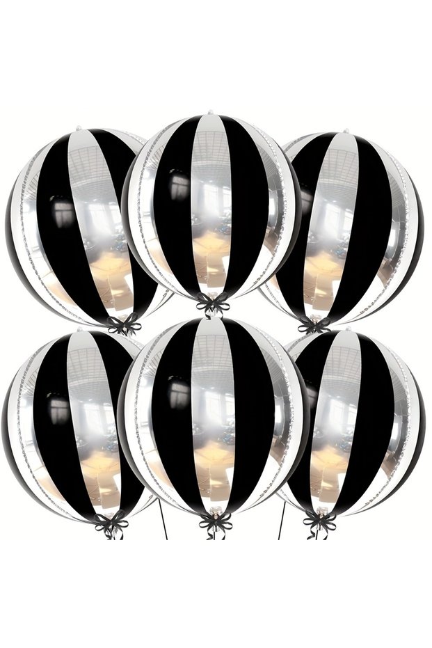 Other 6Pcs 6-Pack of 22-Inch 4D Round Black and Silver Striped Aluminum Foil Balloons Suitable for V
