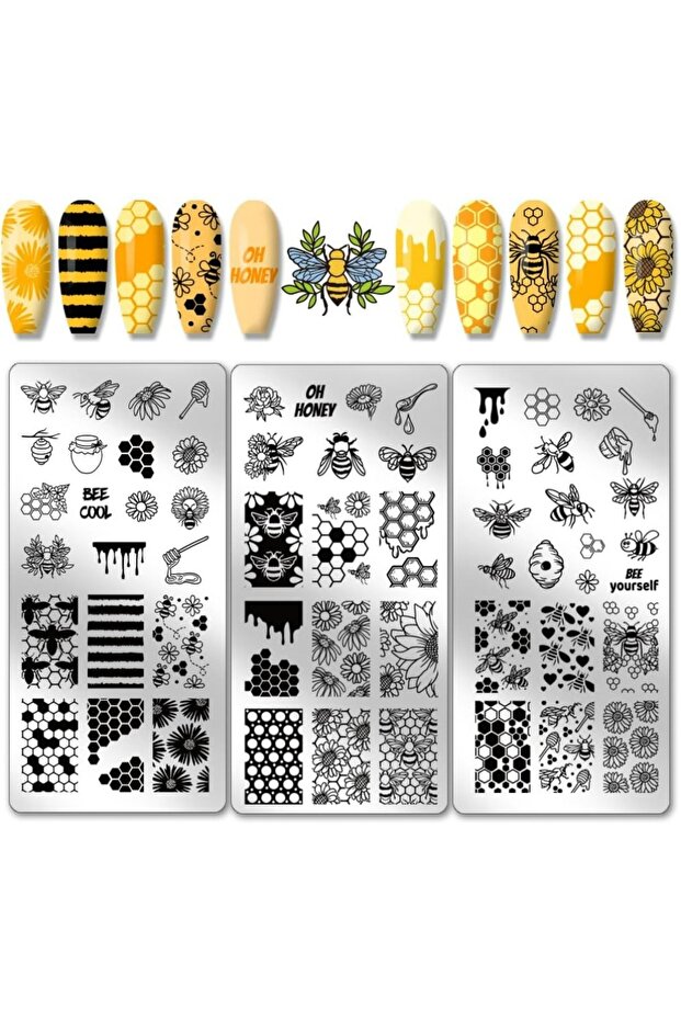 AECH08-04225 3pcs Honeycomb Nail Stamping Plates Spring Bee Honey Nail Stamper Sunflower Nail Art St